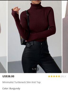 Commense Burgundy Ribbed Turtleneck Slim Knit Top